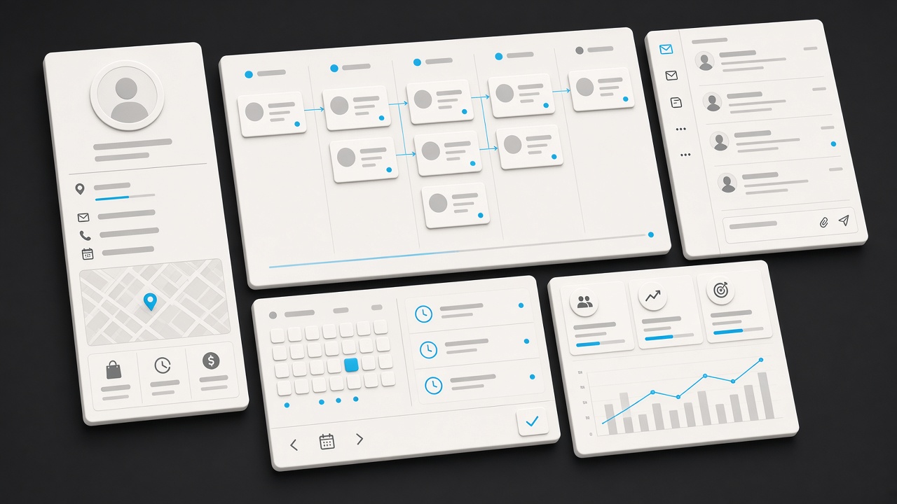 Panoramica del CRM con anagrafica, pipeline, email, attività e indicatori